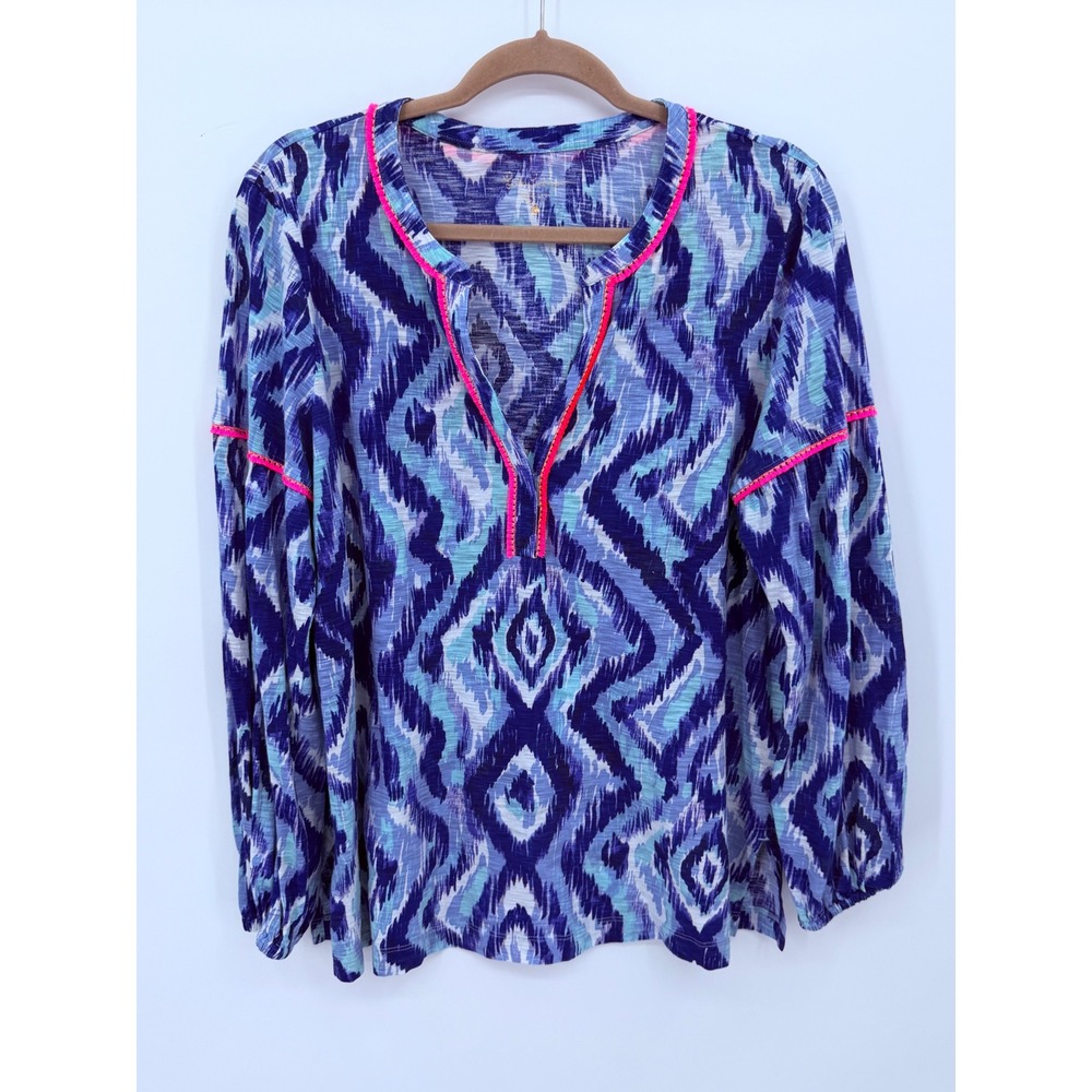 Lilly Pulitzer Tunic Top Womens Large Blue Ikat Long Sleeve Neon Pink Trim